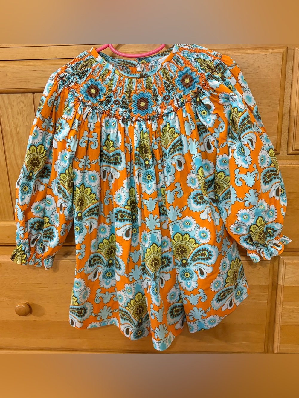 Delaney Girl's Hand Smocked Orange, Blue, Yellow, Green Paisley Blouse Size 6